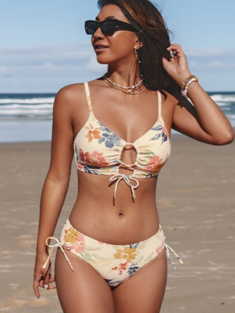 Cupshe Floral Wilderness Keyhole Bralette and Side Shirred Hipster Bikini Size S